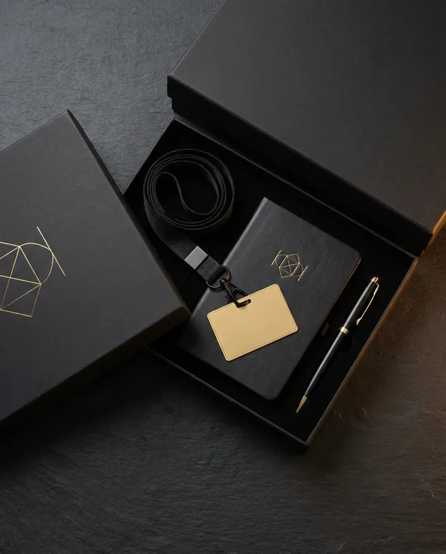 Welcome kit exclusivo em caixa preta com acabamento dourado