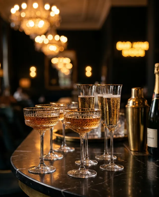 Taças de champagne e coquetéis no open bar